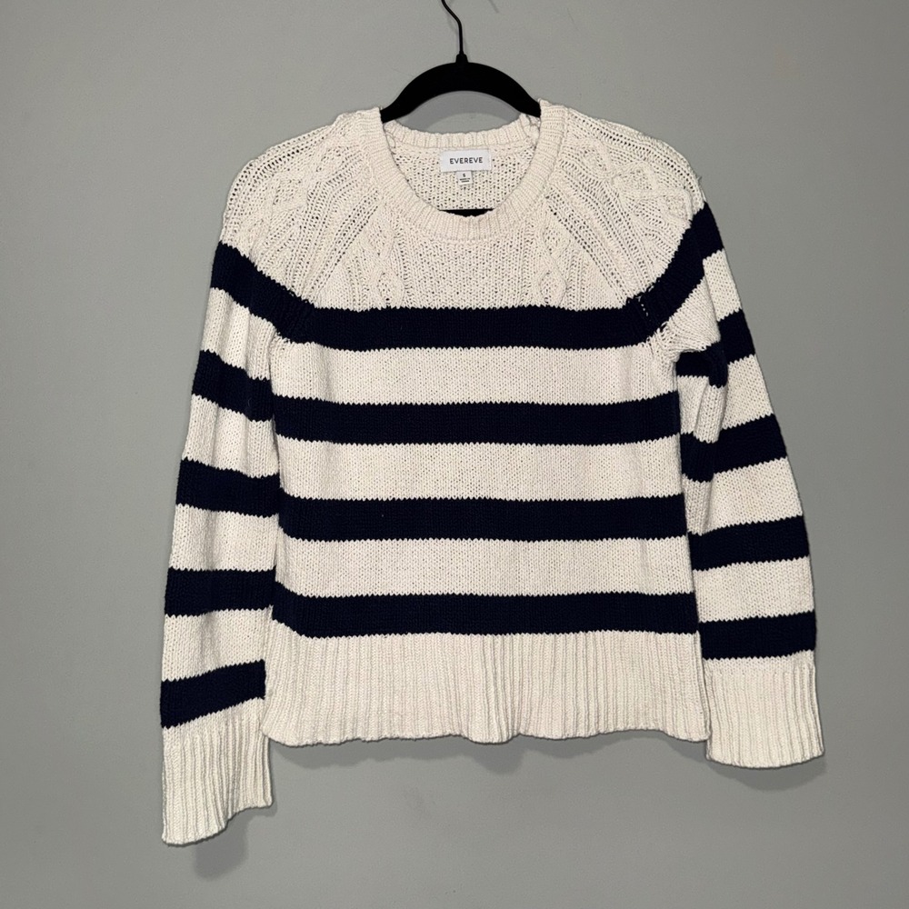 Evereve Womens‎ Striped Cable Knit Raglan Crewneck Sweater Cream Navy Blue Small
